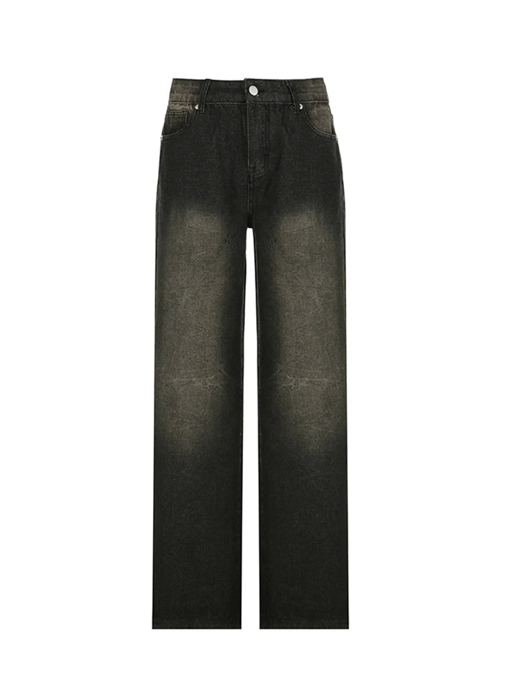 American Retro Casual Straight Leg Jeans Woman Vintage Street Style Distressed Denim Pants