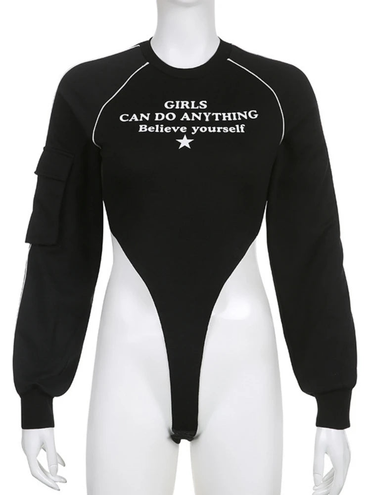 Letter Printing One-Pieces Black Top Women White Line Sexy Bodysuit Lingerie Pocket Body Feminino Long Sleeve Streetwear Bustier