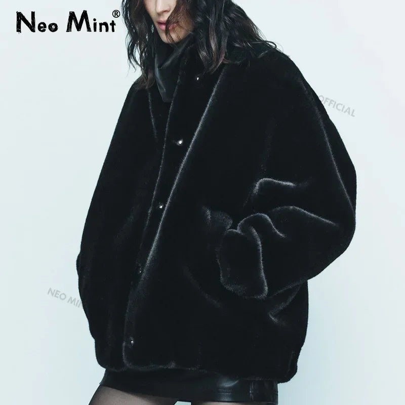 Oversized Plush Coat Women Winter Thick Warm Padded Faux Rabbit Fur Jacket Teen Girls Chunky Furry Bomber Jackets