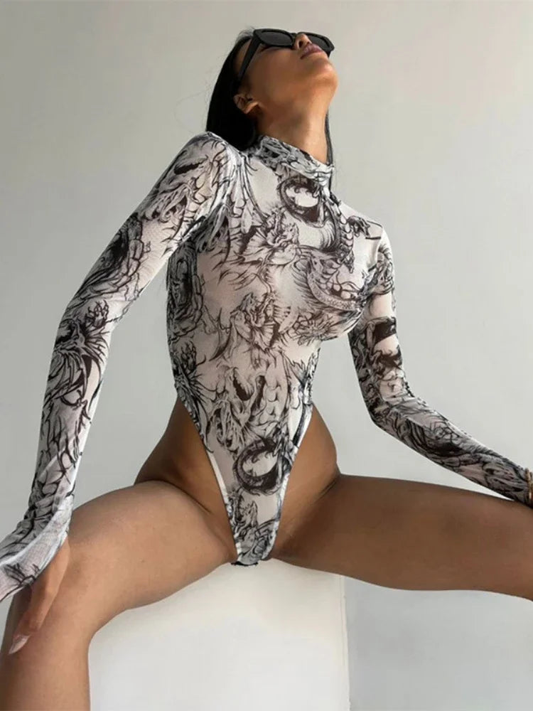 Tie Dye Sexy Bodysuit Lingerie Long Sleeve Corset Top Women One-Pieces Rave Outfit Bodycon Lenceria Femenina See Through Bustier