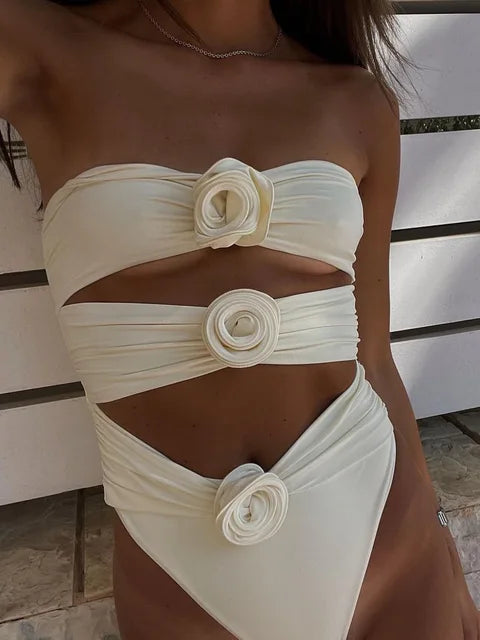 Flower Bikini Women Sexys Girls Hollow Out Slim Swimwear Women’s Beach Holiday Off The Shoulders Sexy Bodysuit Lingerie