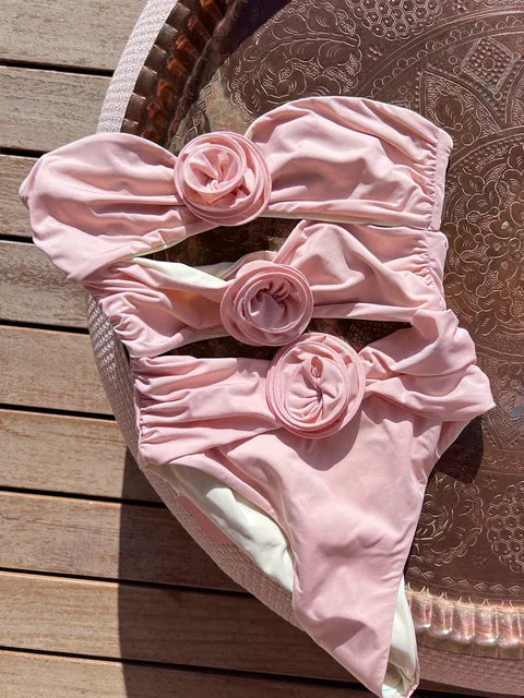 Flower Bikini Women Sexys Girls Hollow Out Slim Swimwear Women’s Beach Holiday Off The Shoulders Sexy Bodysuit Lingerie