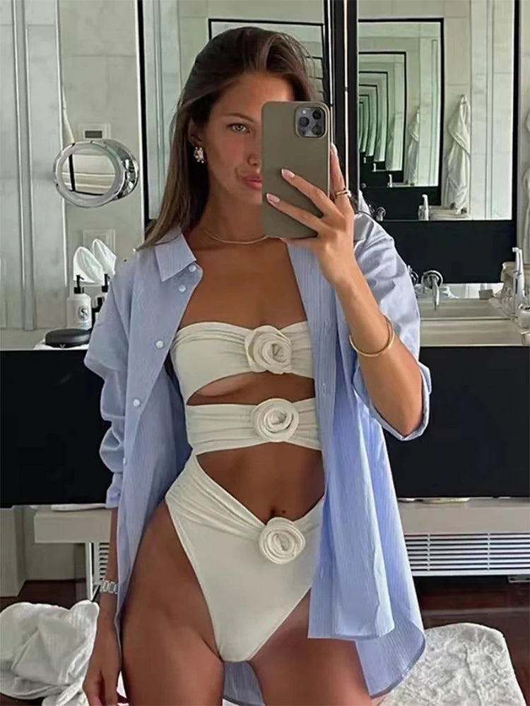 Flower Bikini Women Sexys Girls Hollow Out Slim Swimwear Women’s Beach Holiday Off The Shoulders Sexy Bodysuit Lingerie