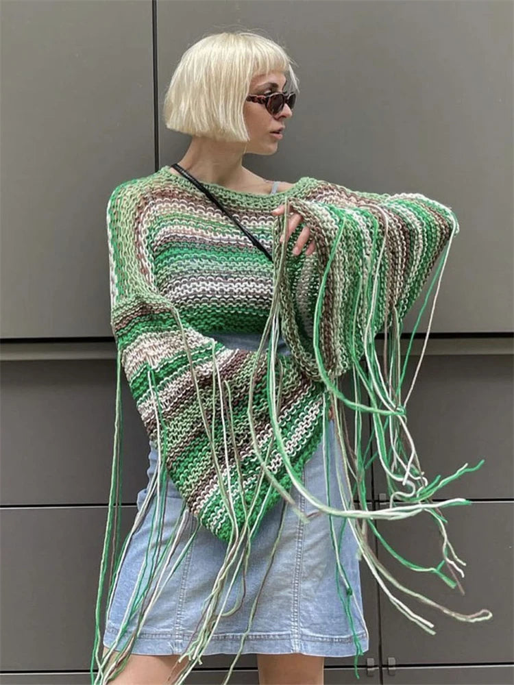 Knitted Tassels Cover Ups For Swimwear Women Sexy Loose Rainbow Shirt Girls Sweater Holiday Fashion Crop Pullover Femme