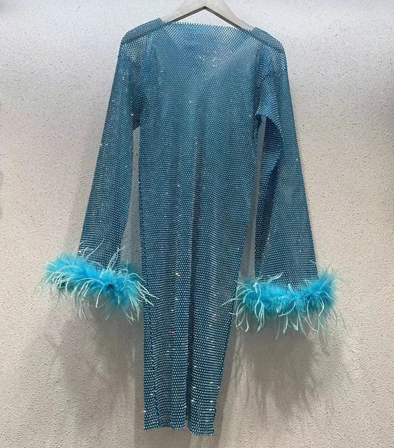 Weave Shiny Rhinestone Mini Dress Women Fashion Sexy See Through Cover-up Dresses Casual Loose Club Luxury Dress Ladies