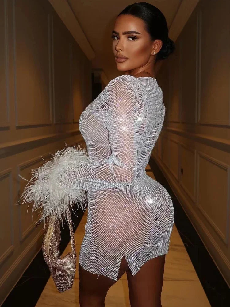 Weave Shiny Rhinestone Mini Dress Women Fashion Sexy See Through Cover-up Dresses Casual Loose Club Luxury Dress Ladies