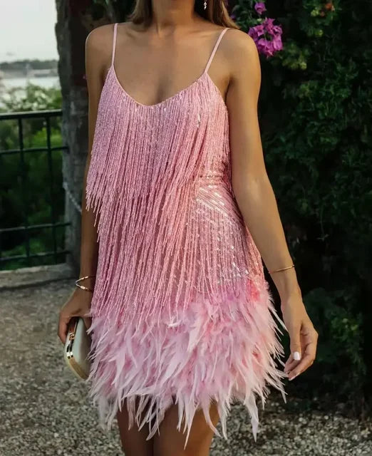 Tassel Sequins Dress Women Elegant Feather Spaghetti Straps Mini Dresses Summer Sexy Party Club Evening Dresses Vestidos