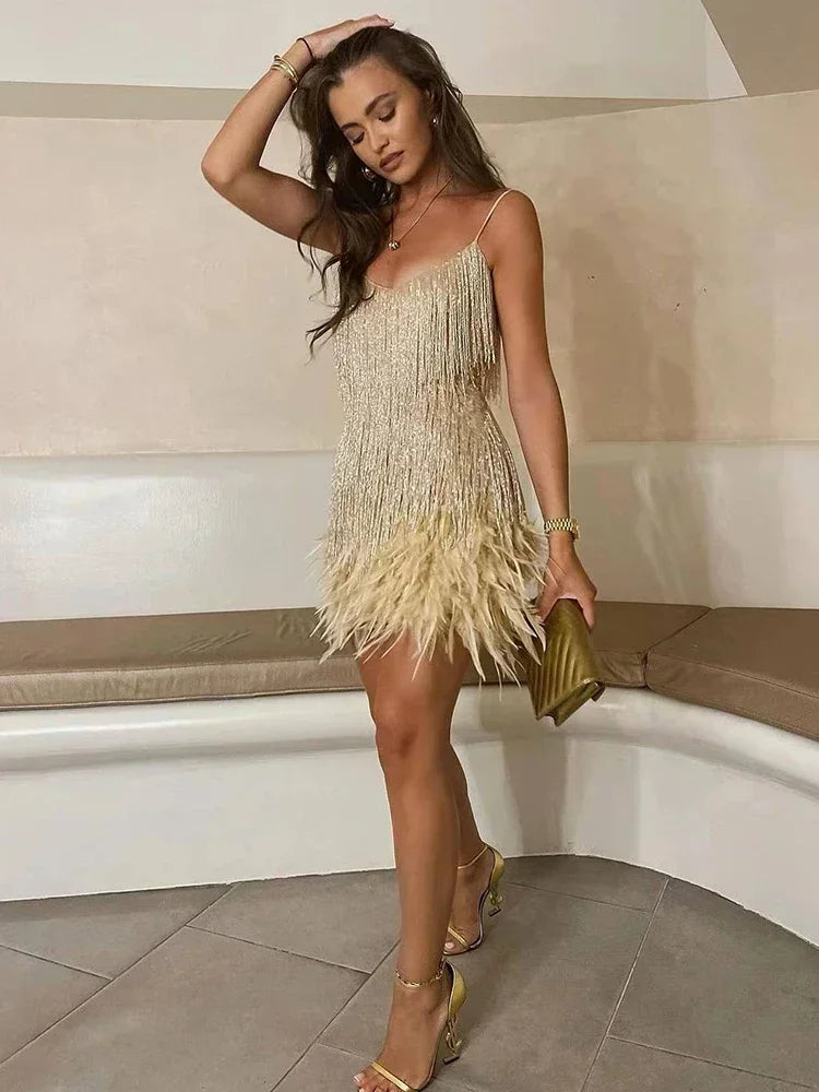 Tassel Sequins Dress Women Elegant Feather Spaghetti Straps Mini Dresses Summer Sexy Party Club Evening Dresses Vestidos