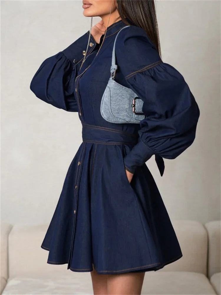 Fashion Lace-Up Denim Mini Dress For Women Patchwork High Waist Bandage Jean Streetwear Female Slim Casual Dress Autumn