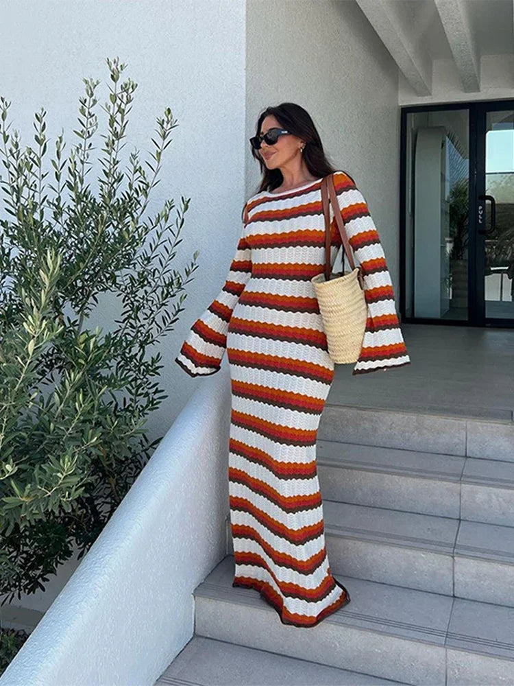 Striped Contrast Knit Maxi Dress Women Hollow Out Long Sleeve Cover up Summer Loose Ladies Dress High Waist Fashion Dress
