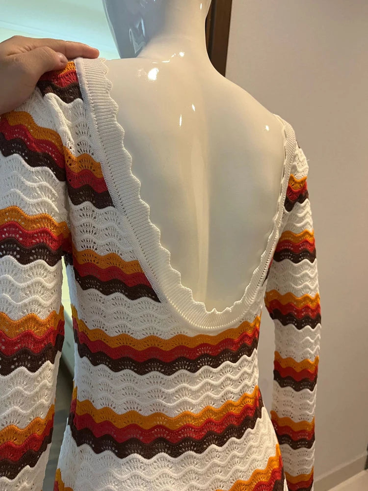 Striped Contrast Knit Maxi Dress Women Hollow Out Long Sleeve Cover up Summer Loose Ladies Dress High Waist Fashion Dress