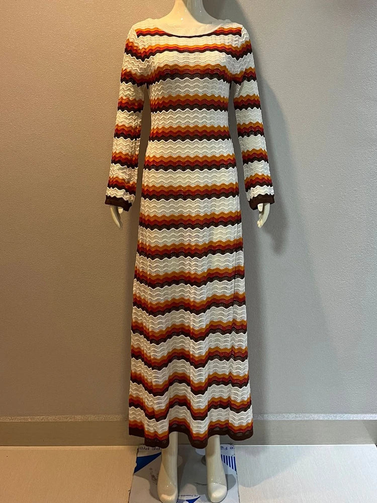 Striped Contrast Knit Maxi Dress Women Hollow Out Long Sleeve Cover up Summer Loose Ladies Dress High Waist Fashion Dress