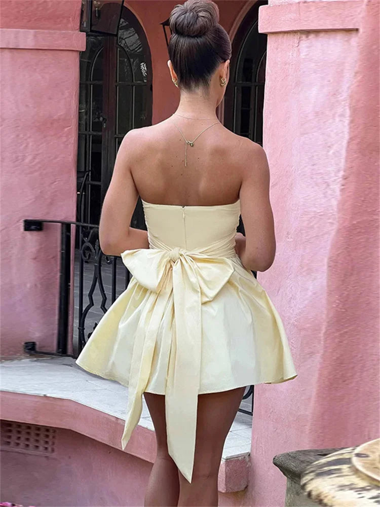 Tee Bow Bandeau Pleated Mini Dress For Women Fashion Sleeveless Patchwork Bandage Party Dress Female Lace-Up Y2k Dress New
