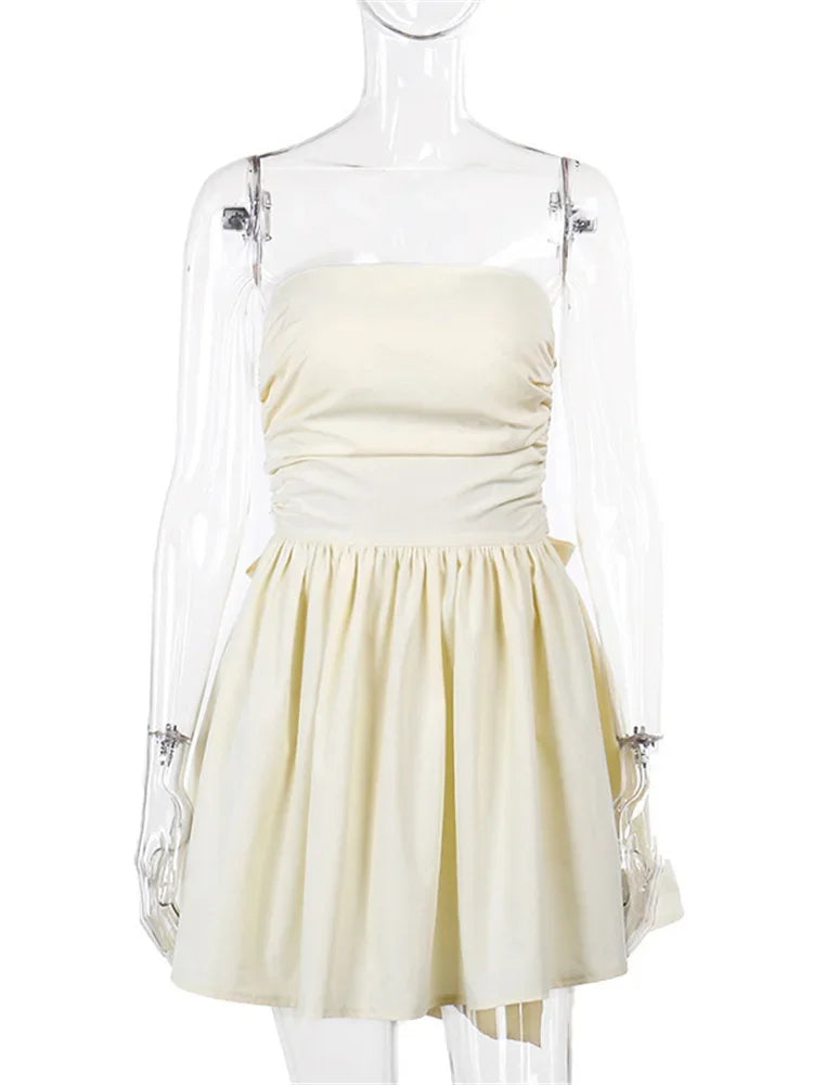 Tee Bow Bandeau Pleated Mini Dress For Women Fashion Sleeveless Patchwork Bandage Party Dress Female Lace-Up Y2k Dress New