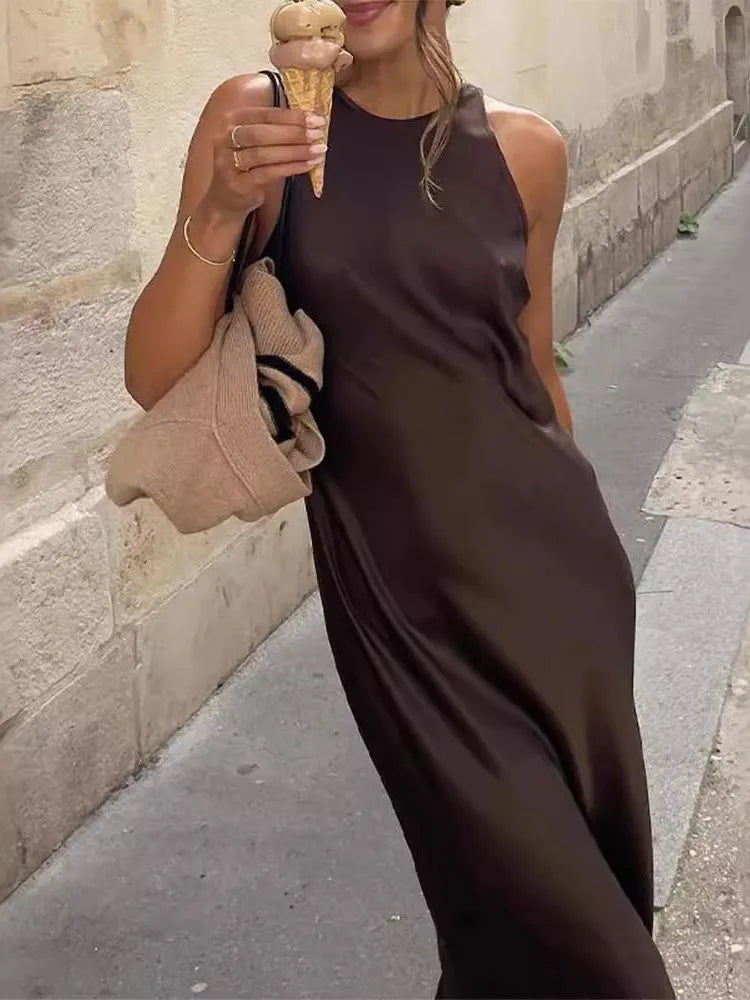 Women’s Elegant Satin Sleeveless Midi Dress Fashion Solid Color O Neck Slim Fit Dresses Female Stylish Street Party Vestido 2025