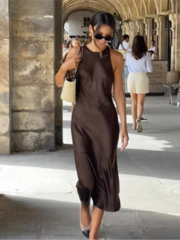 Women’s Elegant Satin Sleeveless Midi Dress Fashion Solid Color O Neck Slim Fit Dresses Female Stylish Street Party Vestido 2025