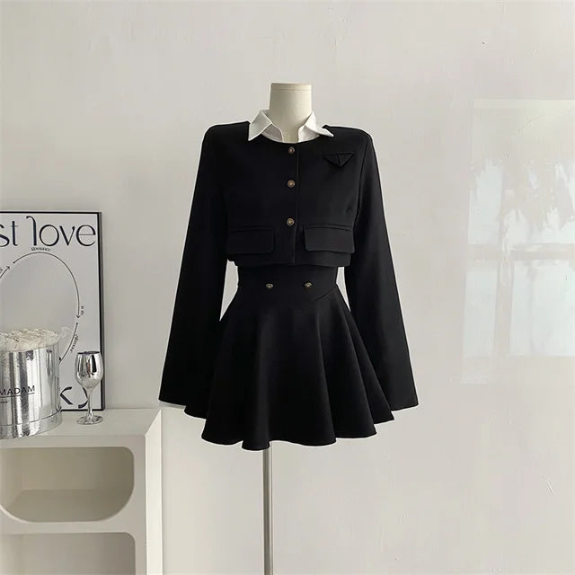Y2K 3 Piece Set Women Cropped Coat + Long Sleeve Shirt + High Waist Halter Ruffles Mini Dress Korean Chic Fashion Sexy Outfits