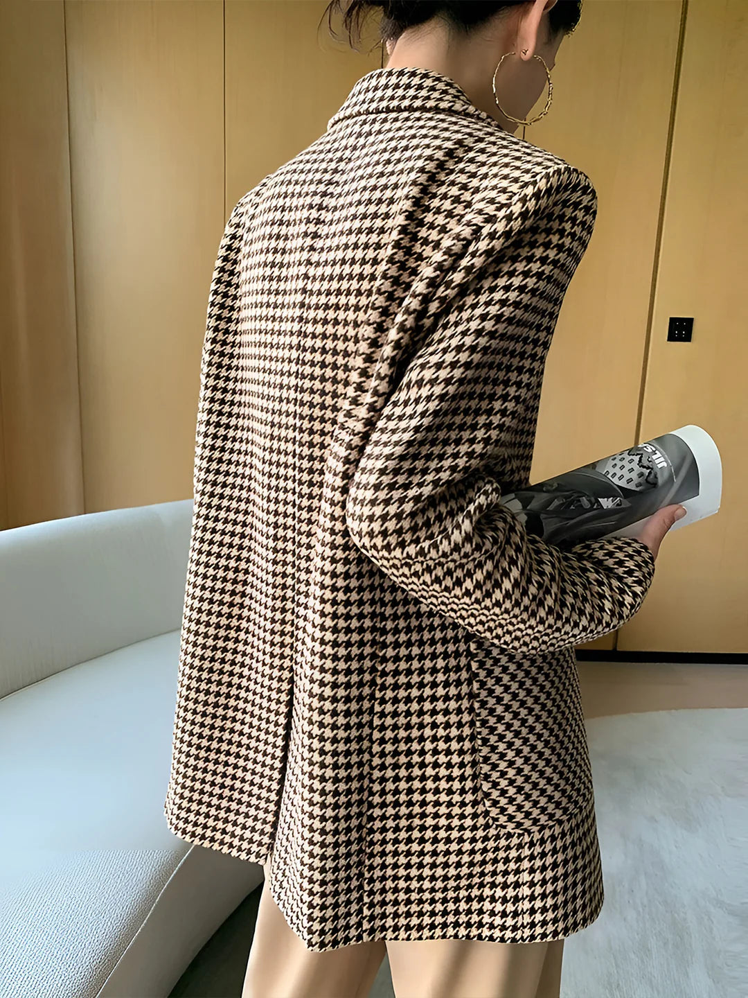 Elegant Style Houndstooth Split Blazer With Belt