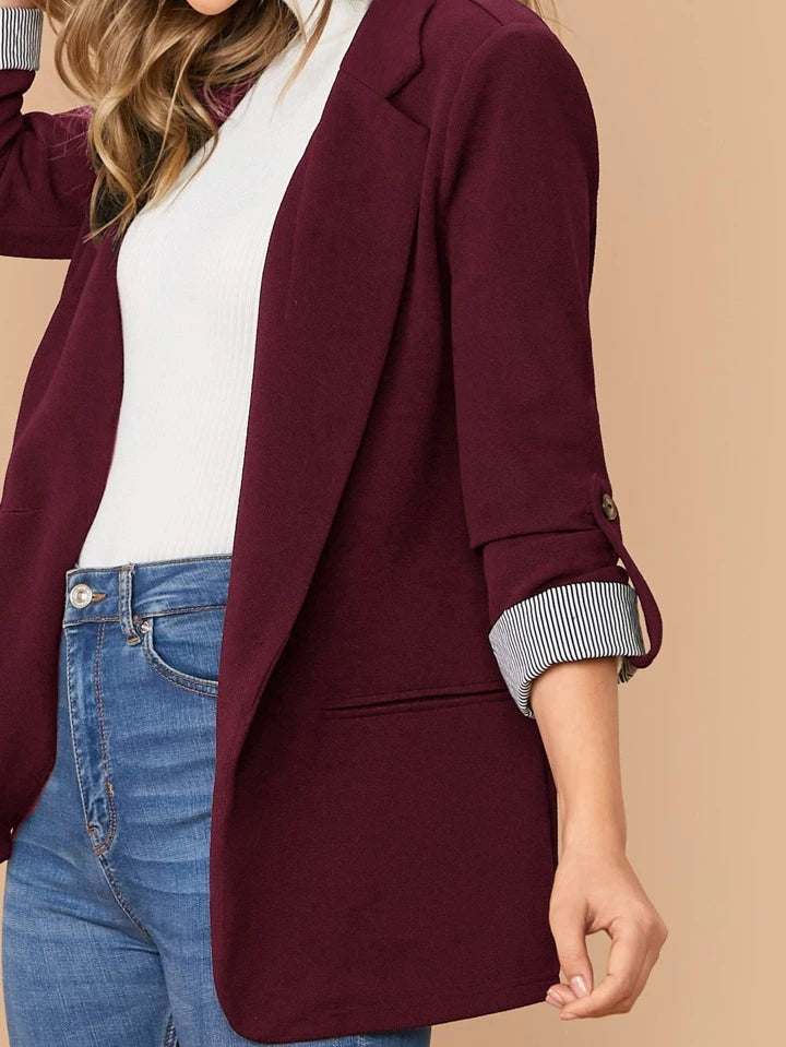 Lapel Notch Collar Roll Tab Sleeve Blazer
