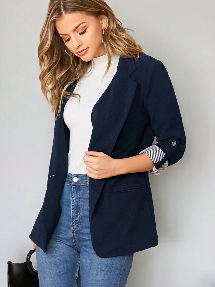 Lapel Notch Collar Roll Tab Sleeve Blazer