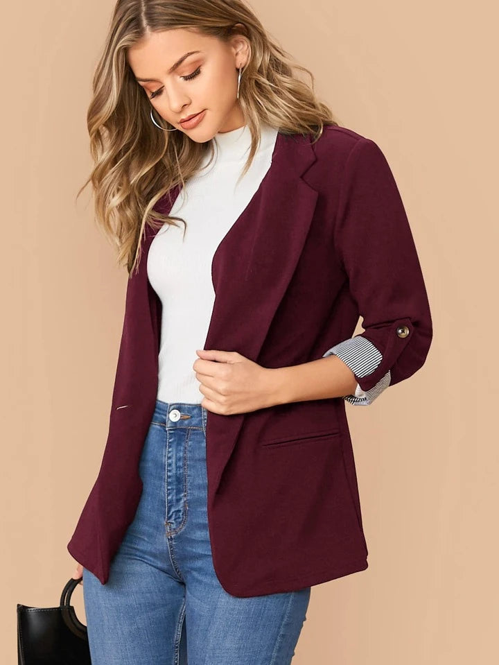 Lapel Notch Collar Roll Tab Sleeve Blazer