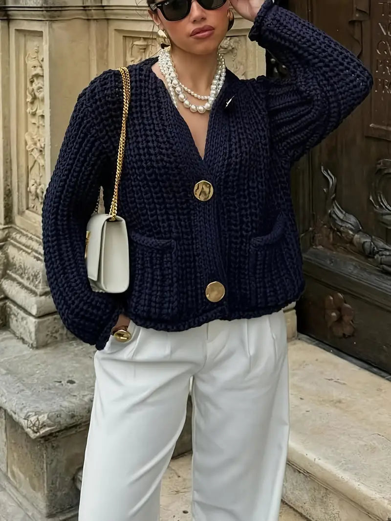 Navy Blue Elegant Hollow Cardigan