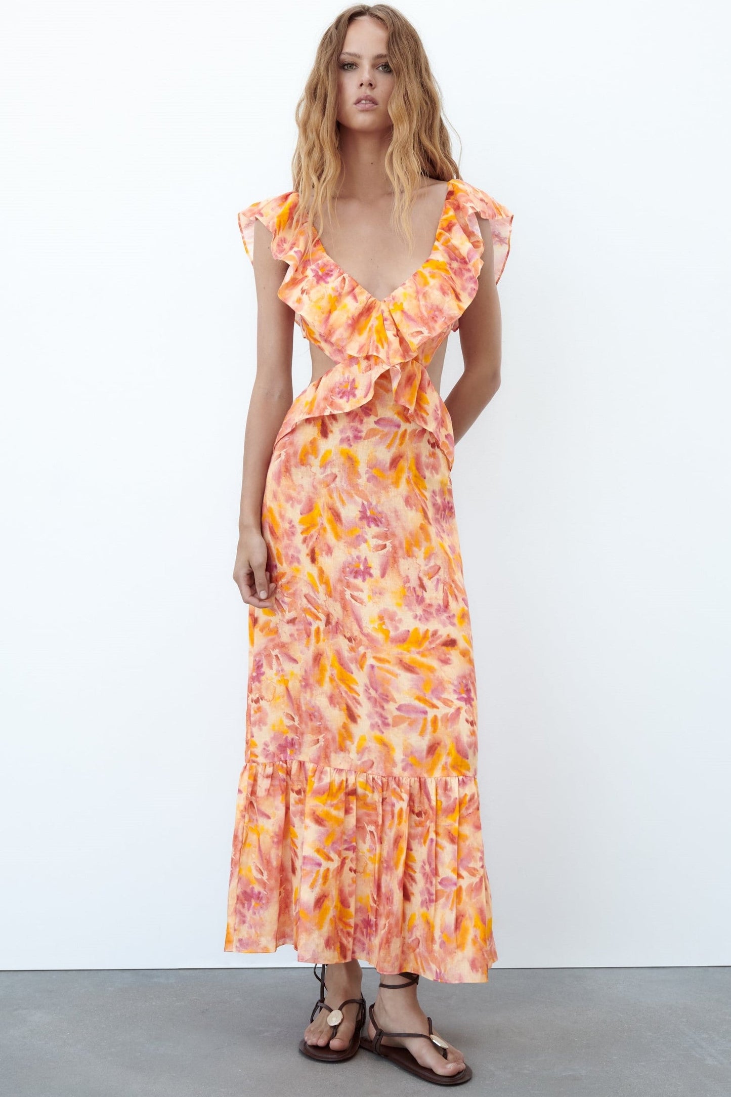 Abstract Print Cross Strap Ruffle Hem Midi Dress