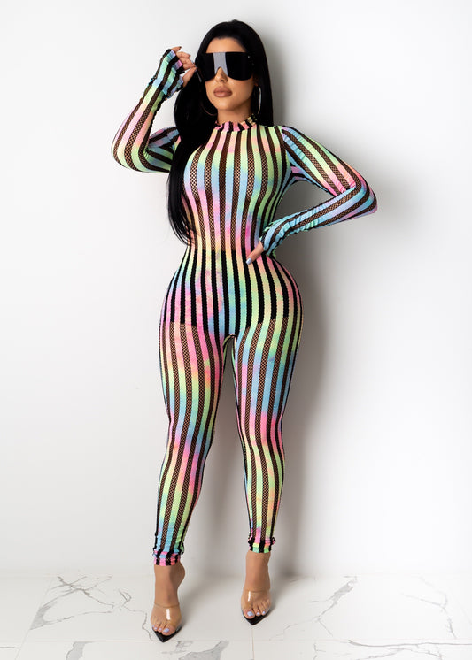 Striped Casual Pants South Africa Sexy Rainbow Mesh Stitching Stretch Jumpsuit Leggings