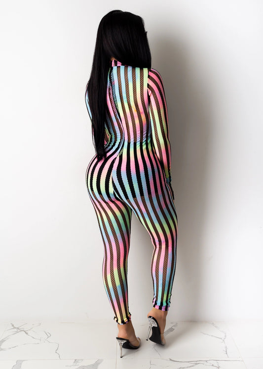 Striped Casual Pants South Africa Sexy Rainbow Mesh Stitching Stretch Jumpsuit Leggings