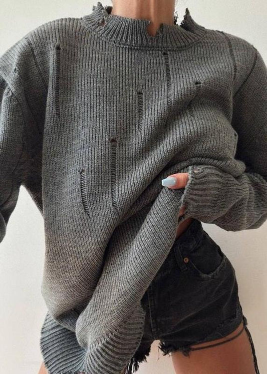 Distressed Hand-Frayed Round Neck Sweater