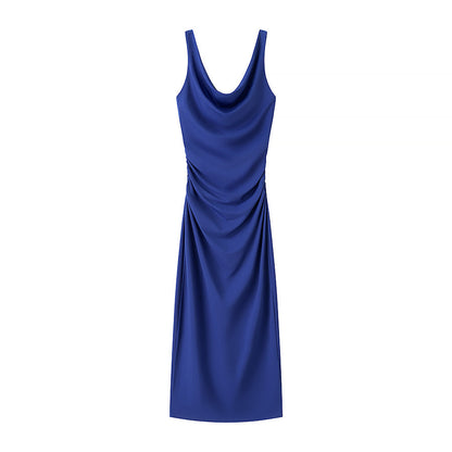 Spring Summer Women Clothing Fashionable Elegant Sexy Pleated Decorative Sleeveless Midi Dress
