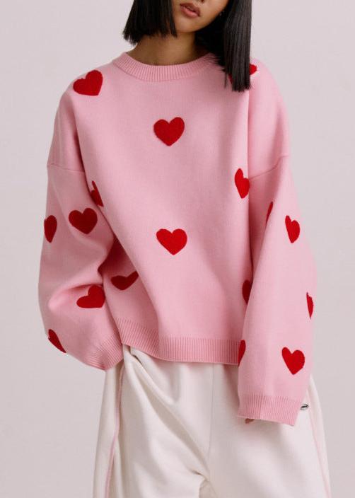 Love-EmbroideRed Heart Sweater - Cozy Women's Knitwear
