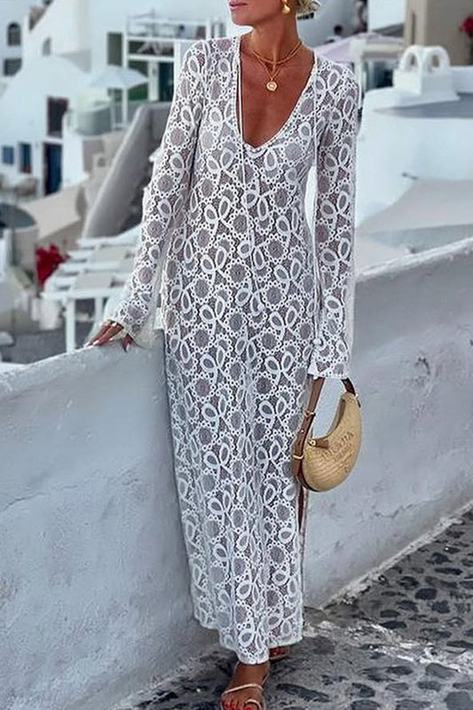 Sexy Lace Up See-Through Slit V Neck Long Sleeve Dresses