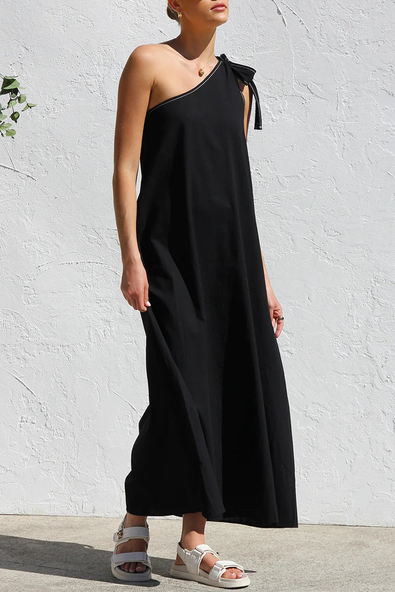 Casual Lace Up Irregular Sloping Shoulder Long Dresses