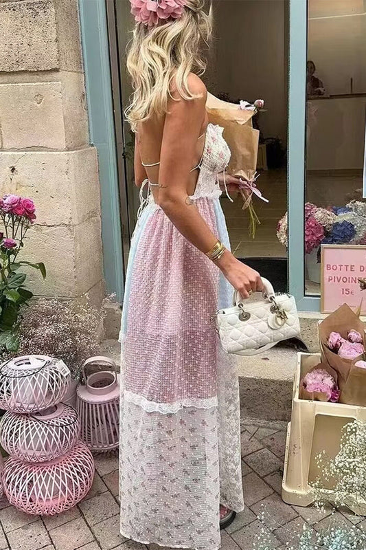 Elegant Floral Print Lace Draw String Backless Contrast Halter Long Dresses