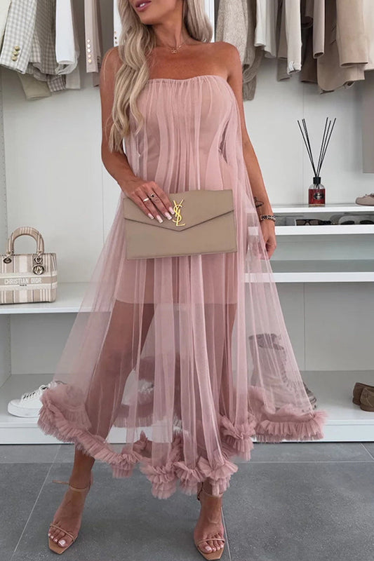 Casual Solid Color Without Belt Mesh Strapless Mesh Dresses(No belt)