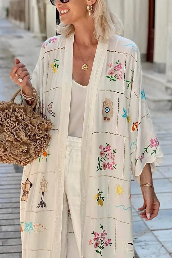 Sunday Stroll Unique Plaid Print Long Sleeve Midi Cover Up