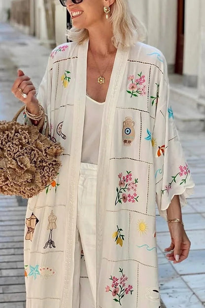 Sunday Stroll Unique Plaid Print Long Sleeve Midi Cover Up