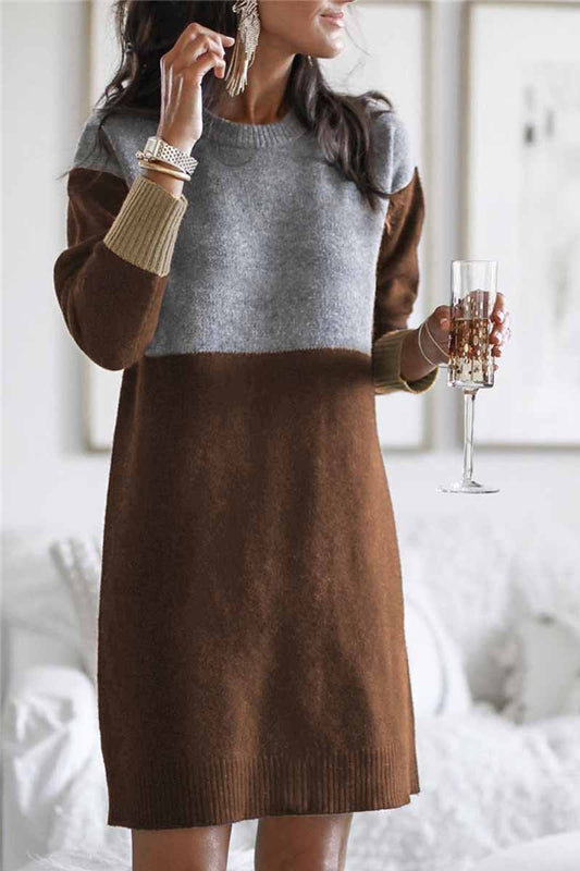 Loose Round Neck Paneled Dress(2 Colors)