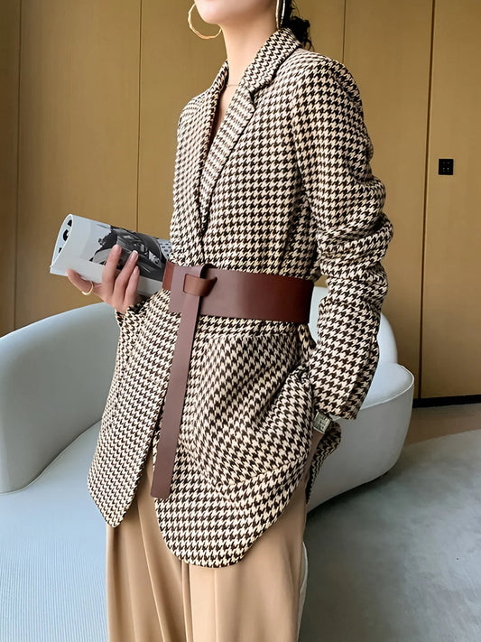 Elegant Style Houndstooth Split Blazer With Belt