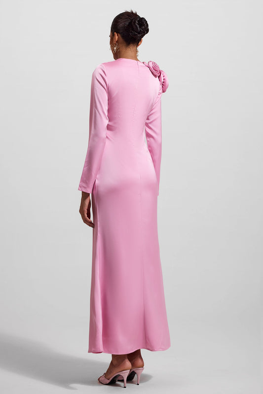 3D Floral Satin Long Sleeve Midi Dress