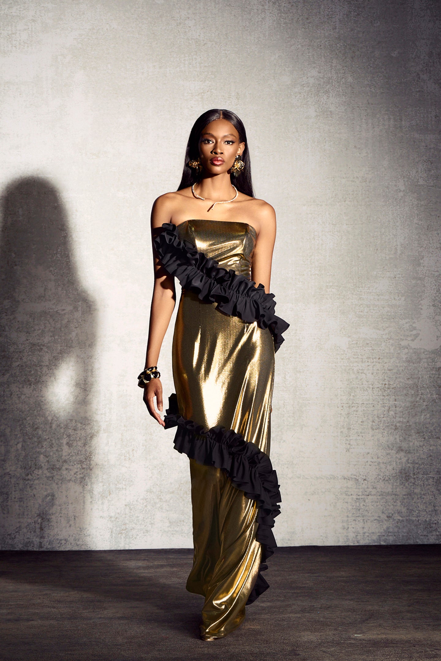 Alma Metallic Strapless Ruffle Maxi Dress