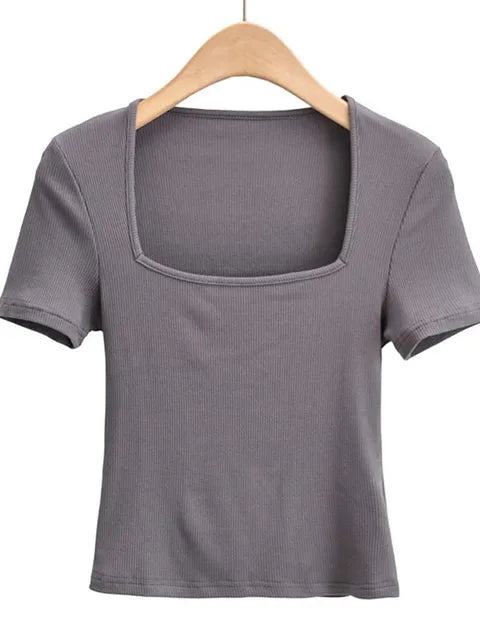 2025 New Arrival Summer Girls Thin Sexy Solid Slim Low-Cut Square Neck Short-Sleeved Top