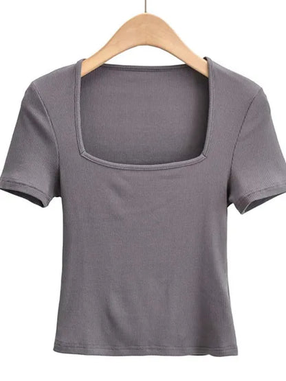 2025 New Arrival Summer Girls Thin Sexy Solid Slim Low-Cut Square Neck Short-Sleeved Top