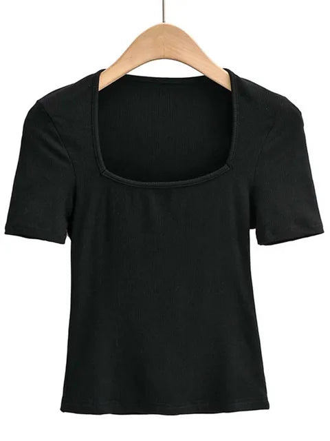 2025 New Arrival Summer Girls Thin Sexy Solid Slim Low-Cut Square Neck Short-Sleeved Top