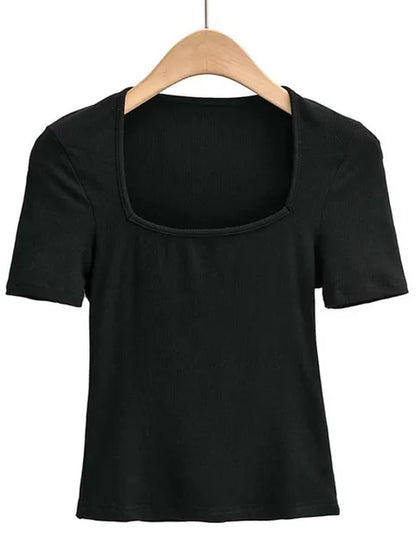 2025 New Arrival Summer Girls Thin Sexy Solid Slim Low-Cut Square Neck Short-Sleeved Top