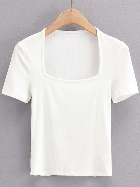 2025 New Arrival Summer Girls Thin Sexy Solid Slim Low-Cut Square Neck Short-Sleeved Top