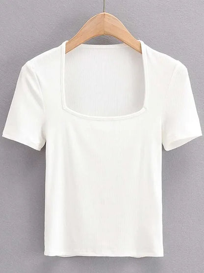 2025 New Arrival Summer Girls Thin Sexy Solid Slim Low-Cut Square Neck Short-Sleeved Top