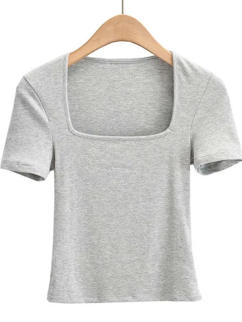2025 New Arrival Summer Girls Thin Sexy Solid Slim Low-Cut Square Neck Short-Sleeved Top