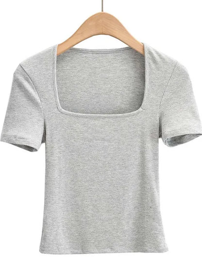 2025 New Arrival Summer Girls Thin Sexy Solid Slim Low-Cut Square Neck Short-Sleeved Top